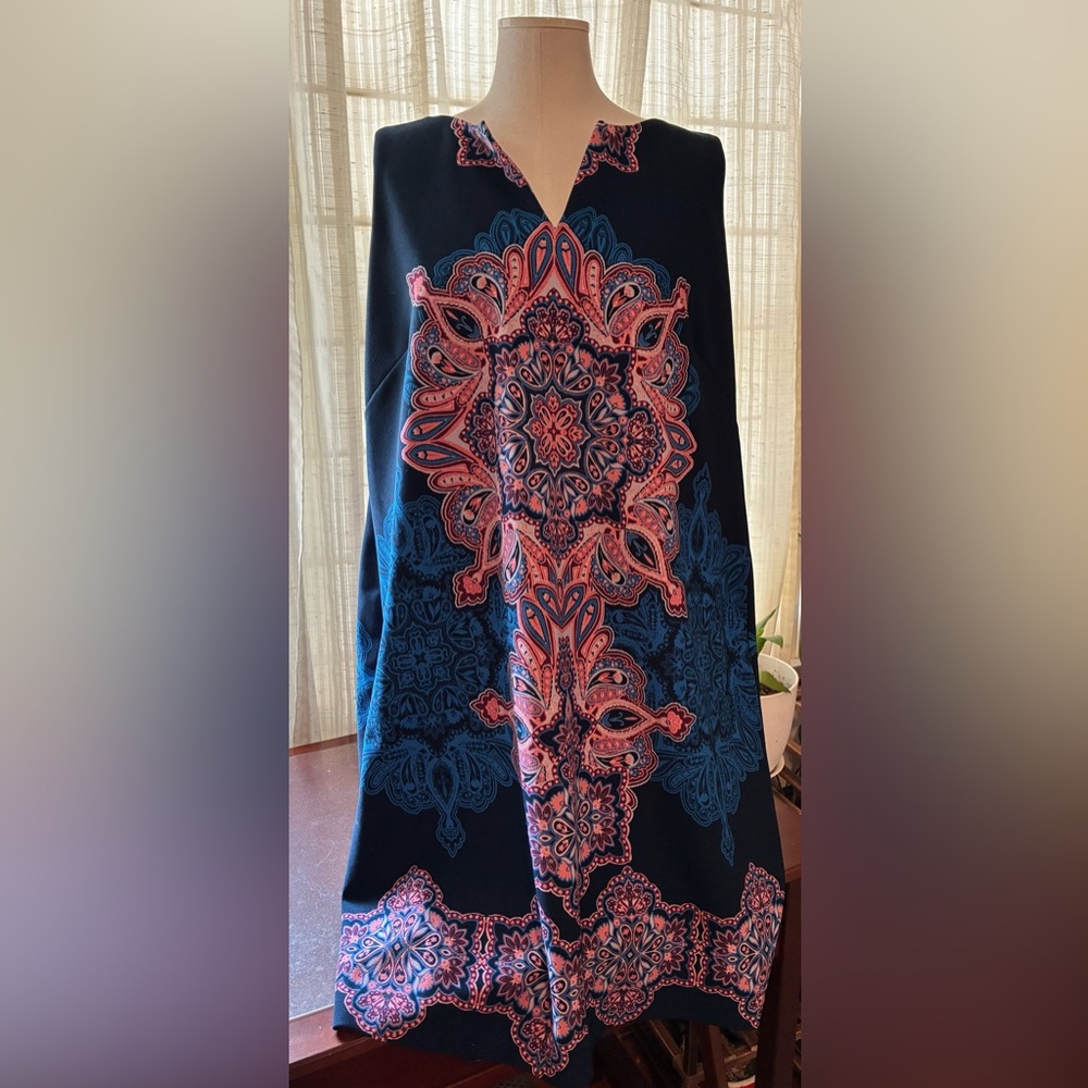 Taylor Navy Blue Mini Dress with Pink Medallion Print